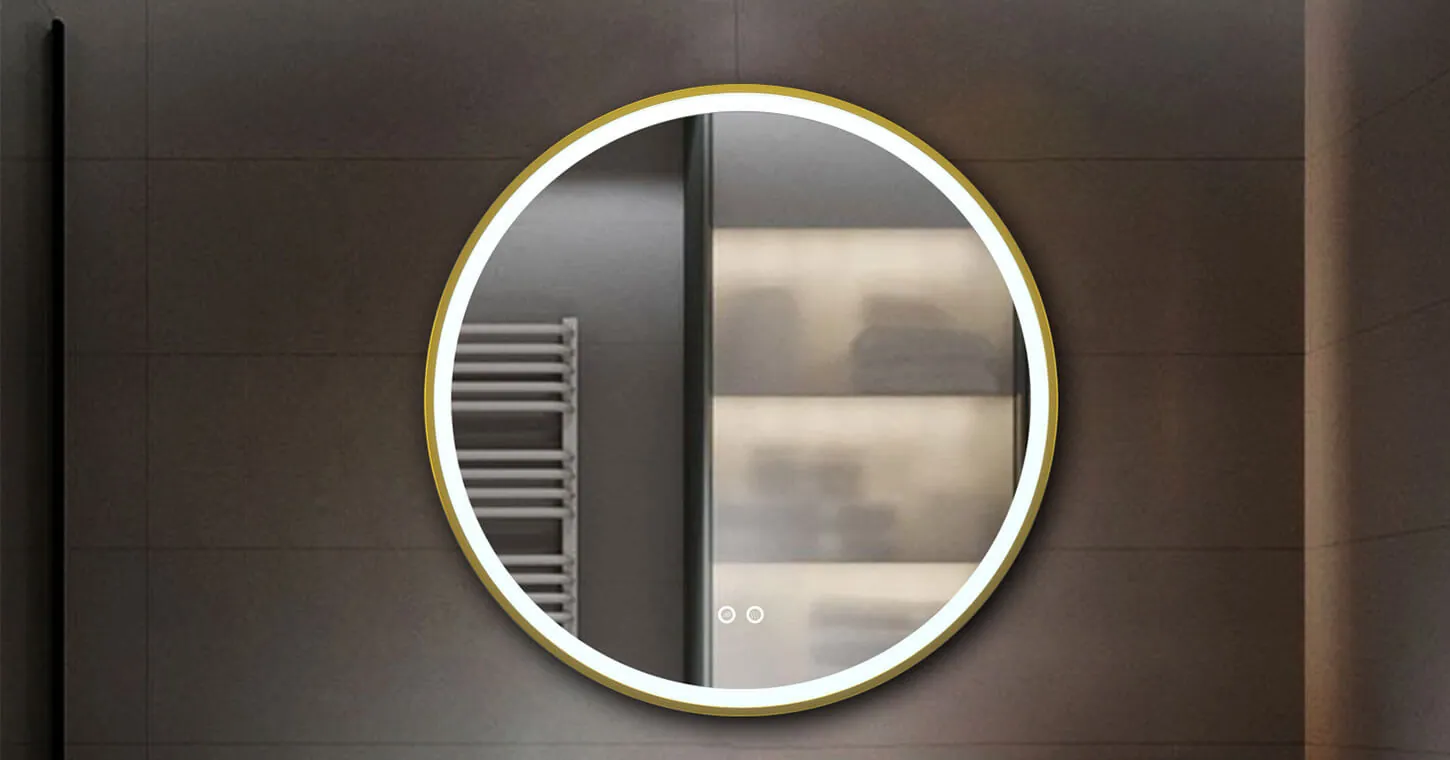 Round Keliss mirror with an illuminated frame in a dark bathroom