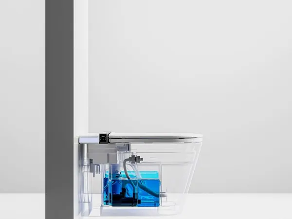 Cross-section of a smart toilet tank with the water highlighted