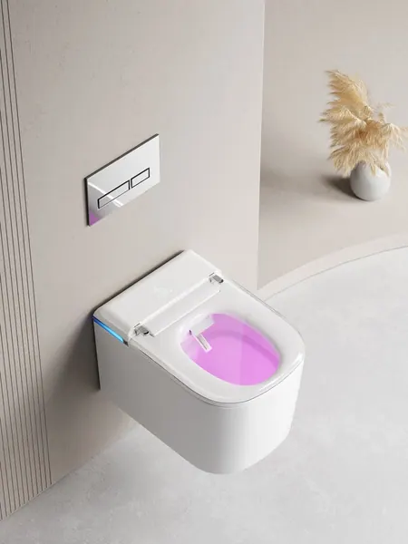 Wall-hung smart toilet with the inside of the bowl lit by violet light